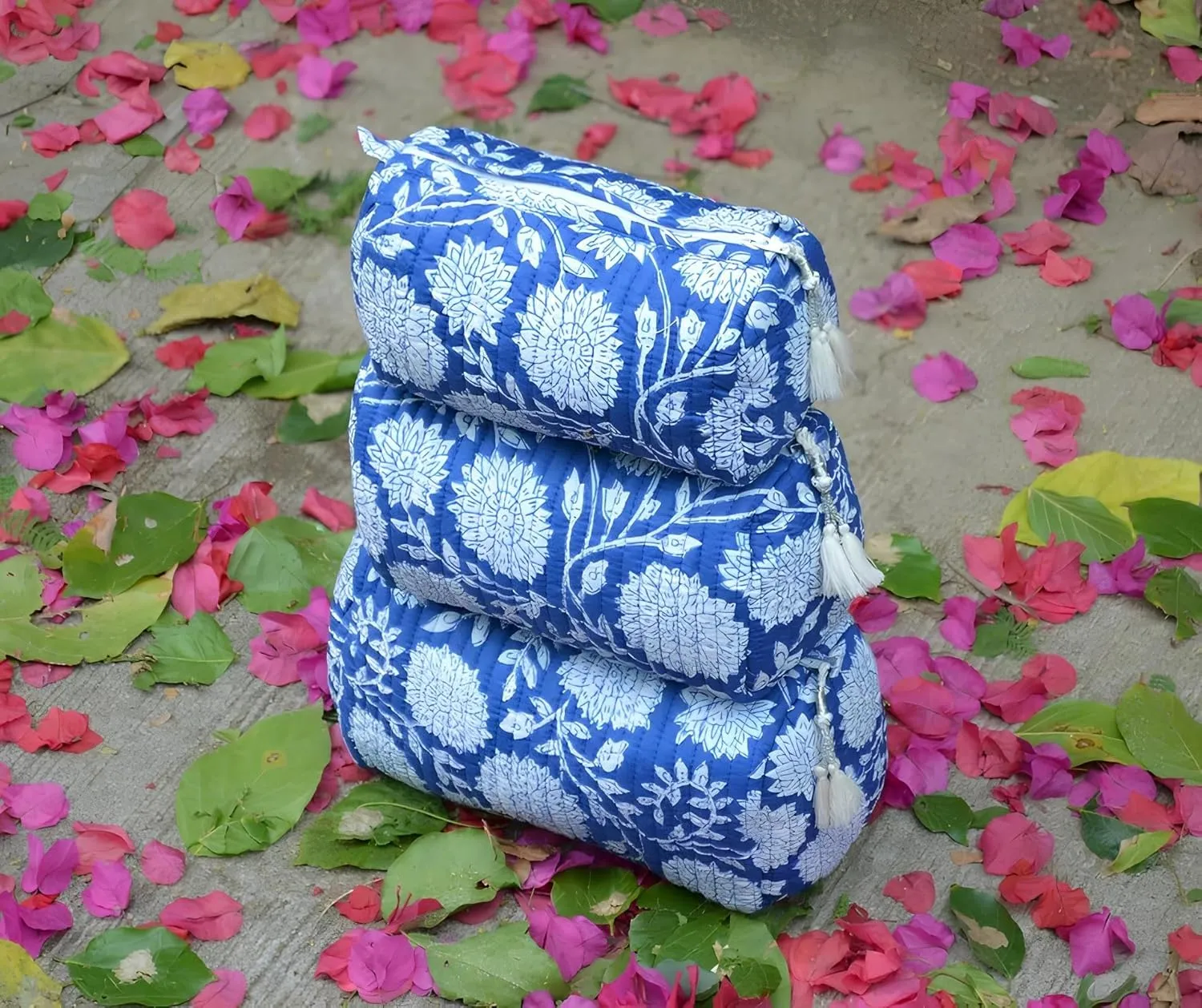 INDACORIFY 100% Cotton Block Print Cosmetic Toiletry Bags Boho Beauty Toiletry Kits Travel Case Pouch for Women's Printed Cotton Tote Bag (Pattern- 1)