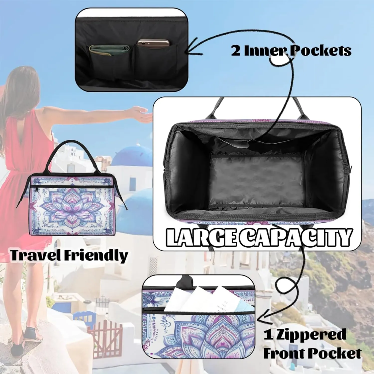 India Carpet Flower Travel Duffle Bag for Women, Ladies Overnight Weekender Bag Gym Sports Bags A-2