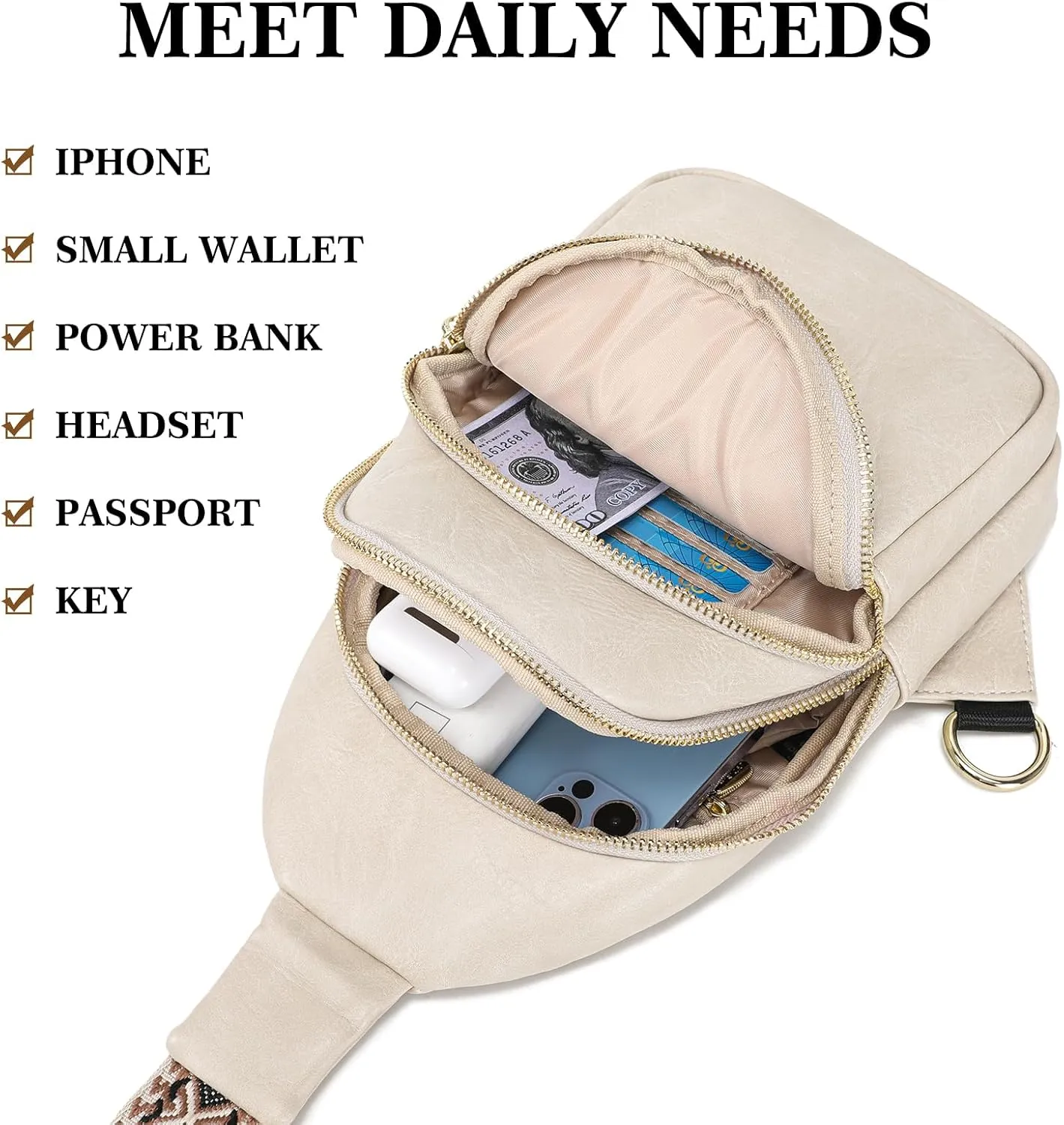 INICAT Crossbody Sling Bags Fanny Packs Leather Purses Chest Bag for Women