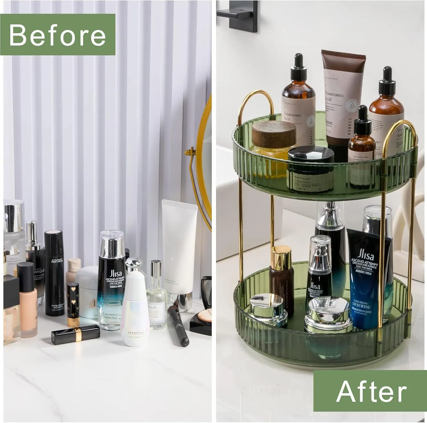 INVSSENE 360° Rotating Makeup Organizer, Bathroom Make Up Spinning Holder Rack, Large Capacity Cosmetics Storage Vanity Shelf Countertop, Fits Cosmetics, Perfume, Skincare, Lipsticks(2 Tiers, Green)