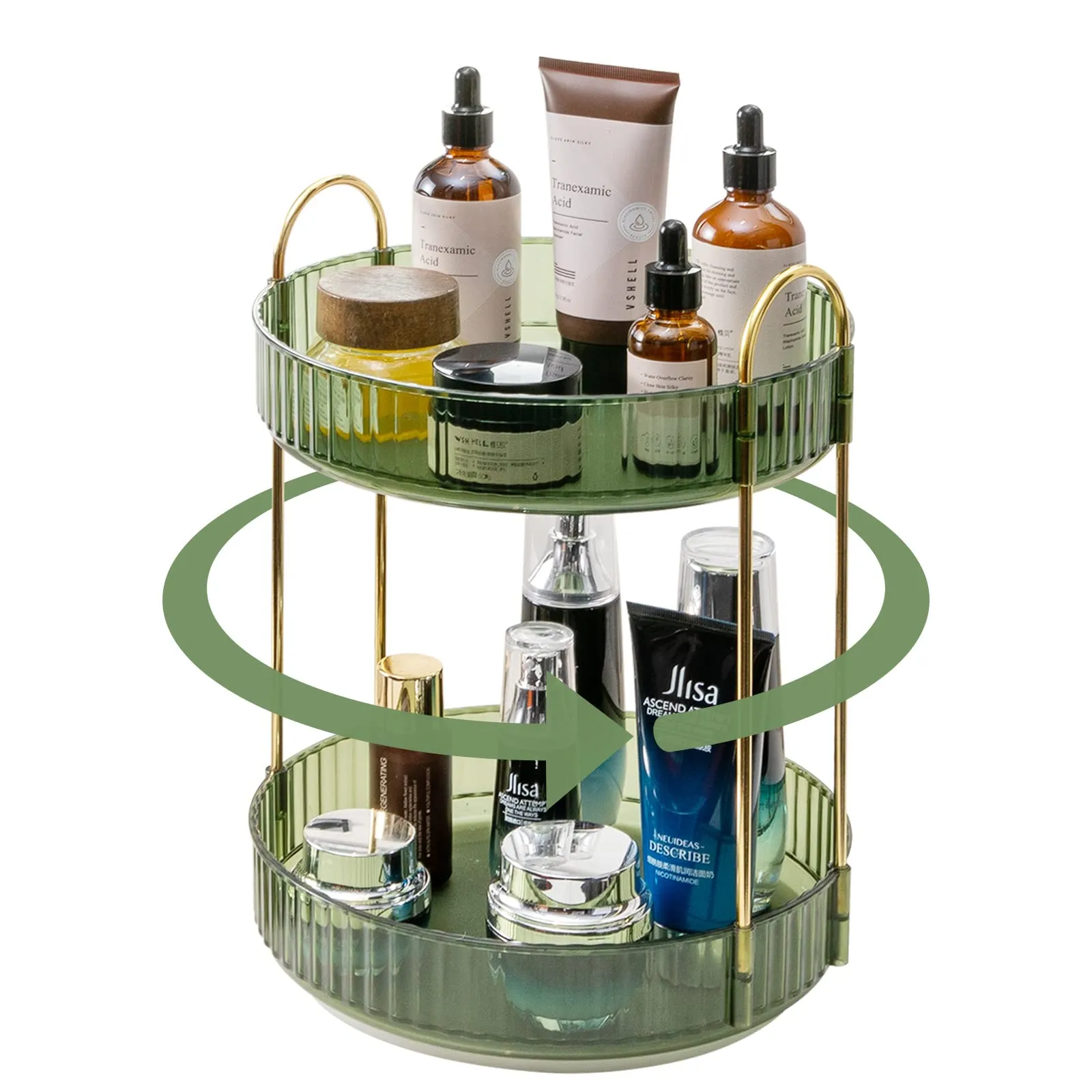 INVSSENE 360° Rotating Makeup Organizer, Bathroom Make Up Spinning Holder Rack, Large Capacity Cosmetics Storage Vanity Shelf Countertop, Fits Cosmetics, Perfume, Skincare, Lipsticks(2 Tiers, Green)