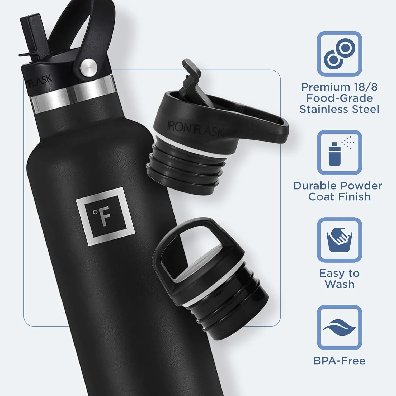 IRON °FLASK Camping & Hiking Hydration Canteens - 3 Lids (Narrow Straw Lid) Leak Proof Vacuum Insulated Stainless Steel - Hot & Cold Double Walled Sports Water Bottle - Cobalt, 24 Oz