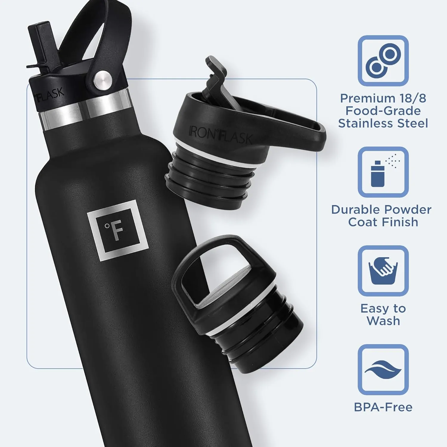 IRON °FLASK Camping & Hiking Hydration Canteens - 3 Lids (Narrow Straw Lid) Leak Proof Vacuum Insulated Stainless Steel - Hot & Cold Double Walled Sports Water Bottle - Elemental Gray, 20 Oz