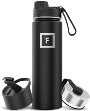 IRON °FLASK Camping & Hiking Hydration Flask with 3 Lids - Stainless Steel, Double Walled & Vacuum Insulated Water Bottle - Leak Proof & BPA Free (Midnight Black, Spout - 22 oz)