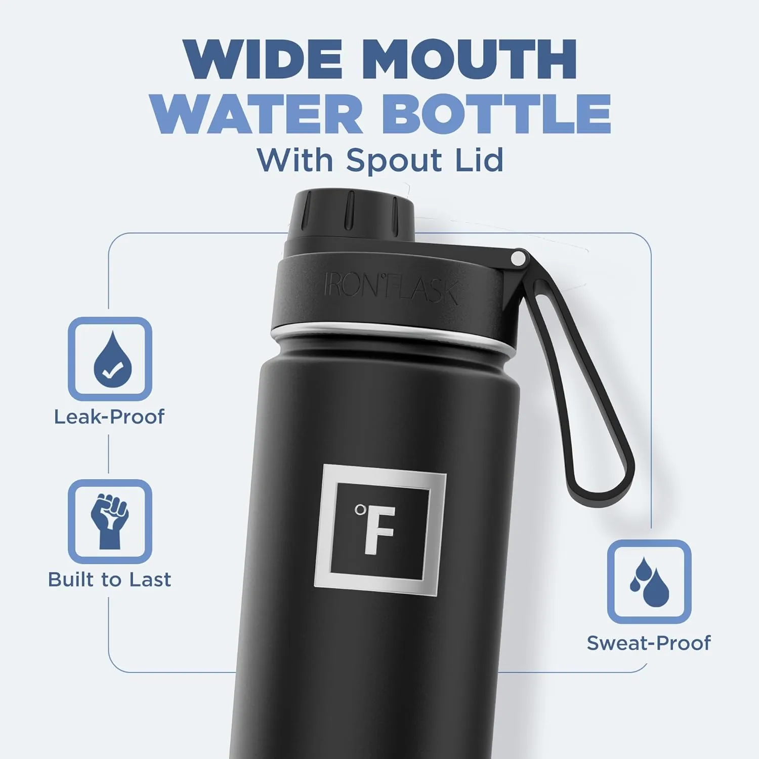 IRON °FLASK Camping & Hiking Hydration Flask with 3 Lids - Stainless Steel, Double Walled & Vacuum Insulated Water Bottle - Leak Proof & BPA Free (Midnight Black, Spout - 22 oz)
