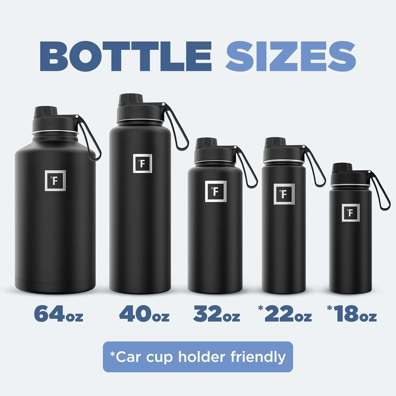 IRON °FLASK Camping & Hiking Hydration Flask with 3 Lids - Stainless Steel, Double Walled & Vacuum Insulated Water Bottle - Leak Proof & BPA Free (Midnight Black, Spout - 22 oz)