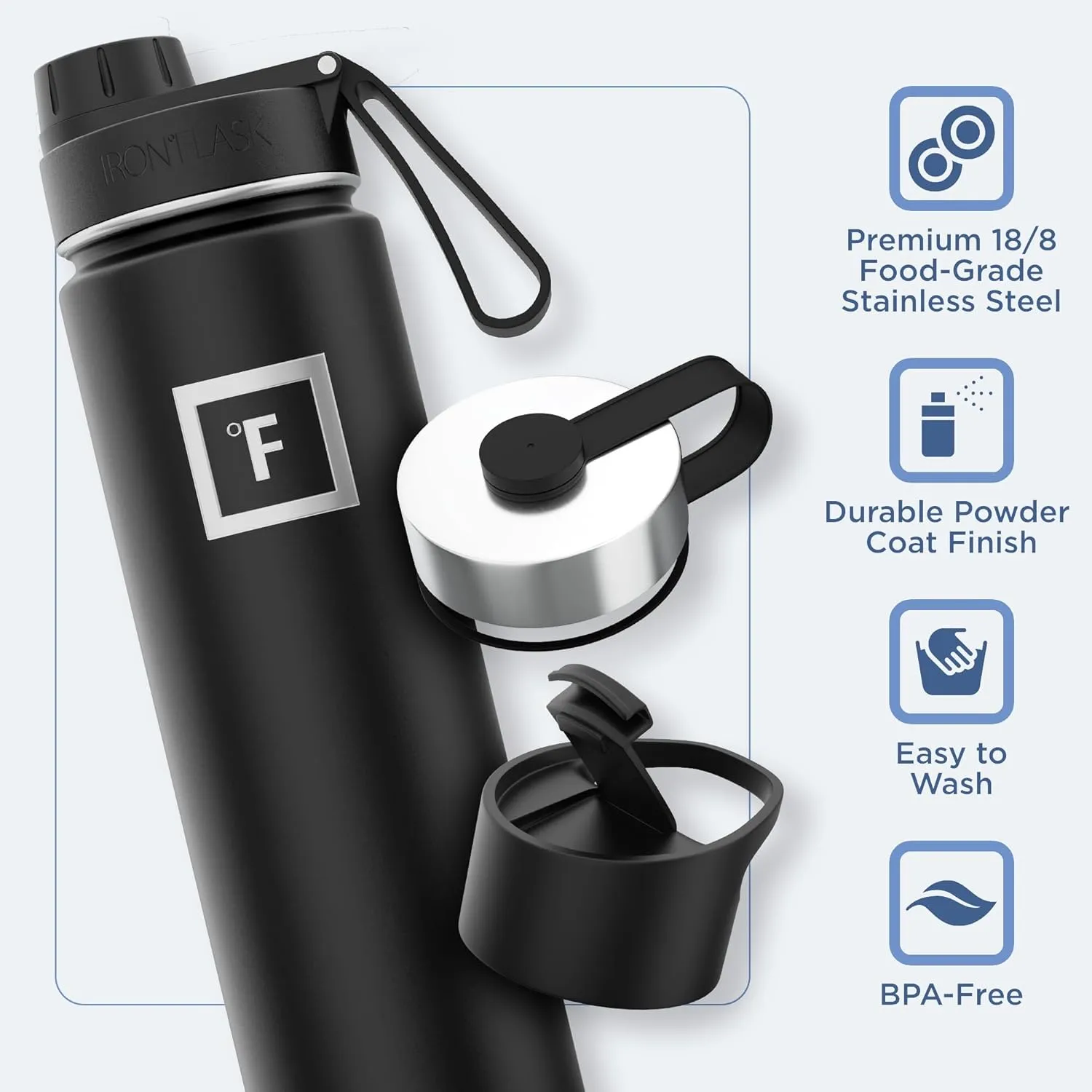 IRON °FLASK Camping & Hiking Hydration Flask with 3 Lids - Stainless Steel, Double Walled & Vacuum Insulated Water Bottle - Leak Proof & BPA Free (Midnight Black, Spout - 22 oz)