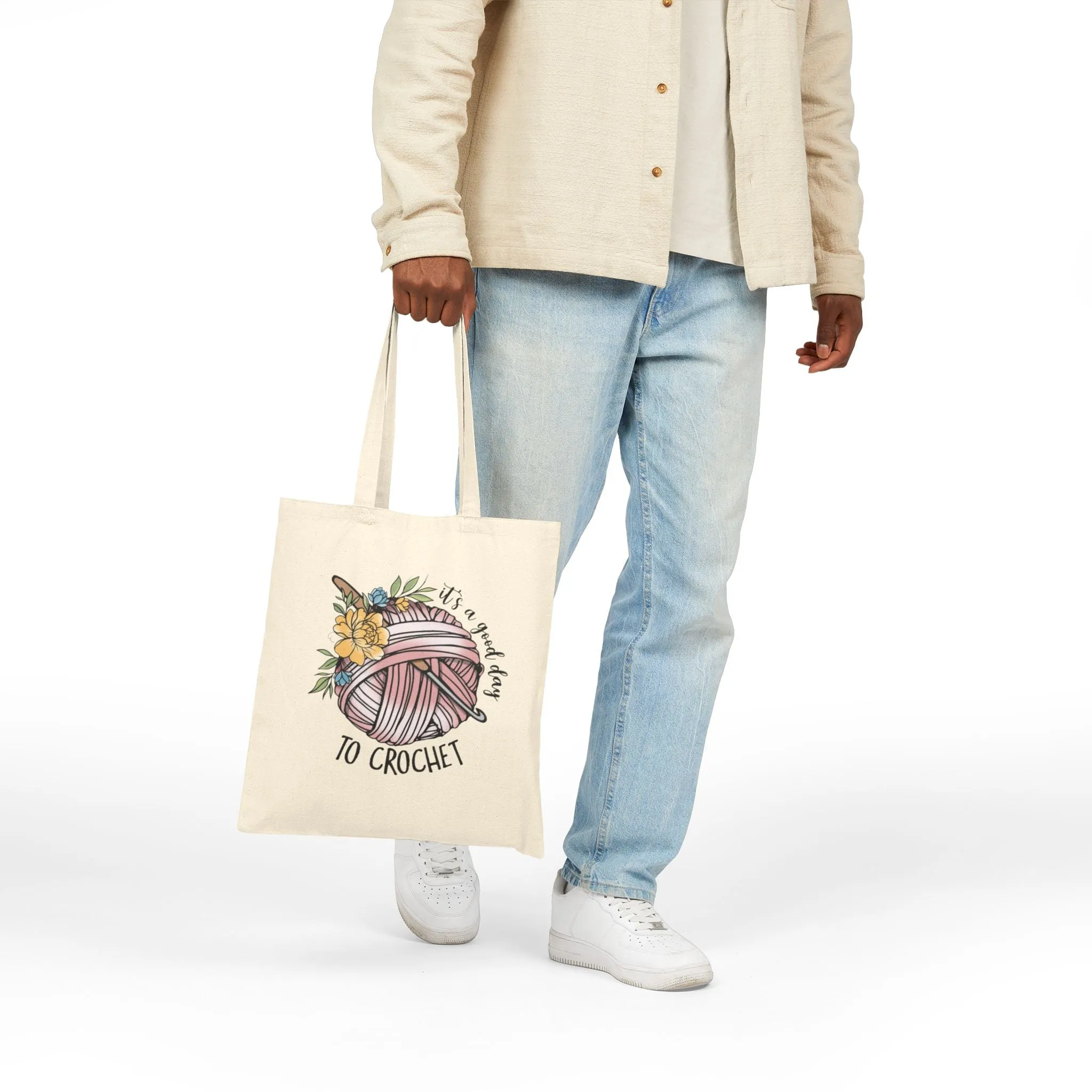 It's a Great Day to Crochet Cotton Canvas Tote Bag – Eco-Friendly Crafting Accessory