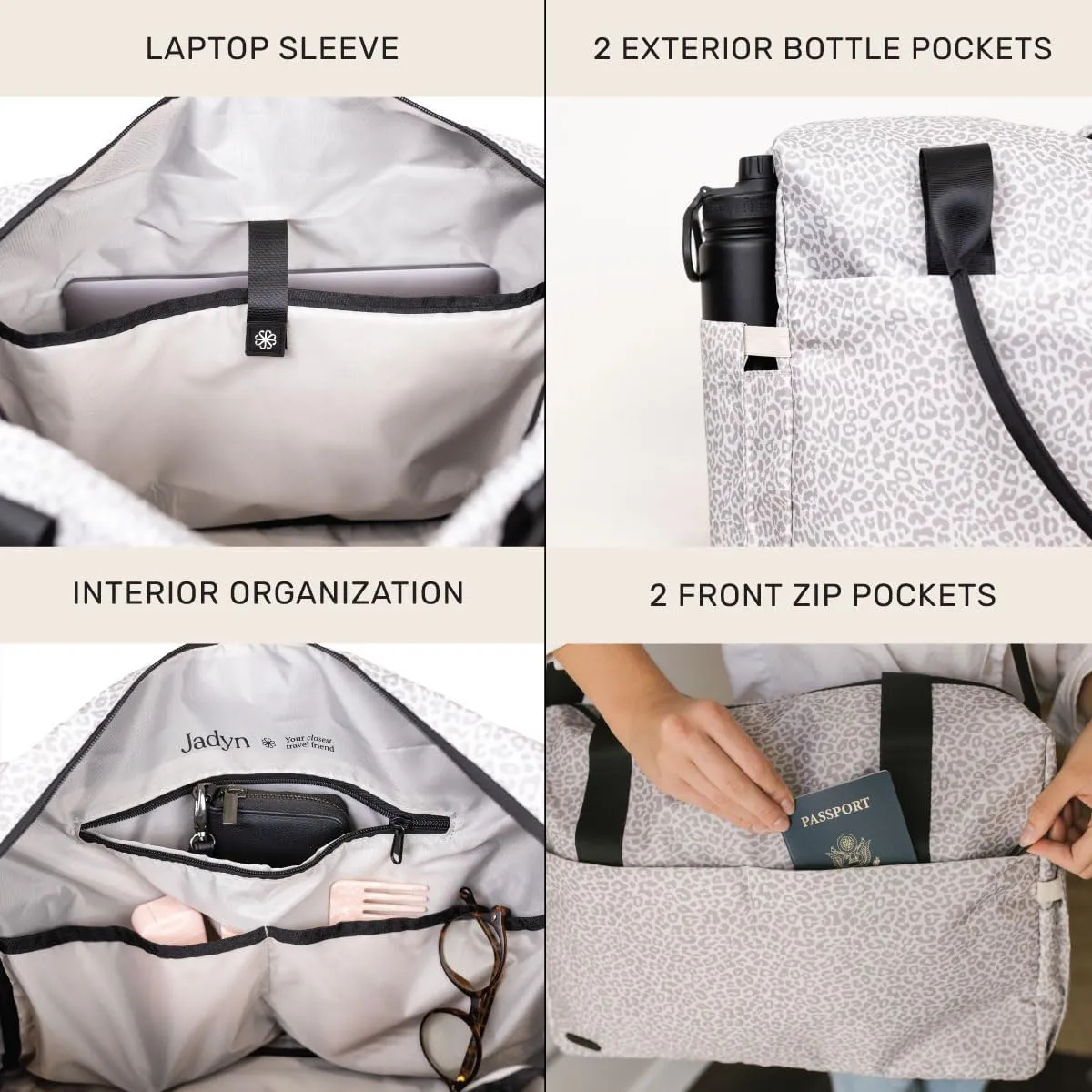 Jadyn Carry-On Travel Duffel Bag for Women, 18” Weekender Bag with Laptop Compartment and Trolley Sleeve, Ideal for Work, Gym, and Overnight Trips (Desert Leopard)