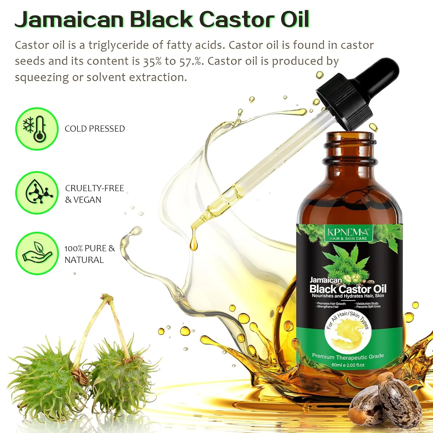 Jamaican Black Castor Oil for Hair Growth, 2 Packs Multipurpose Cold Pressed 100% Natural Castor Oil for Hair and Skin Care