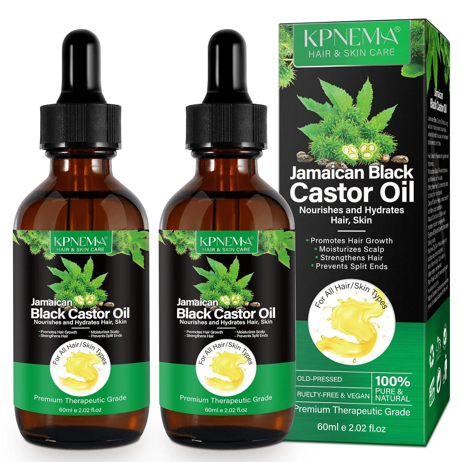 Jamaican Black Castor Oil for Hair Growth, 2 Packs Multipurpose Cold Pressed 100% Natural Castor Oil for Hair and Skin Care