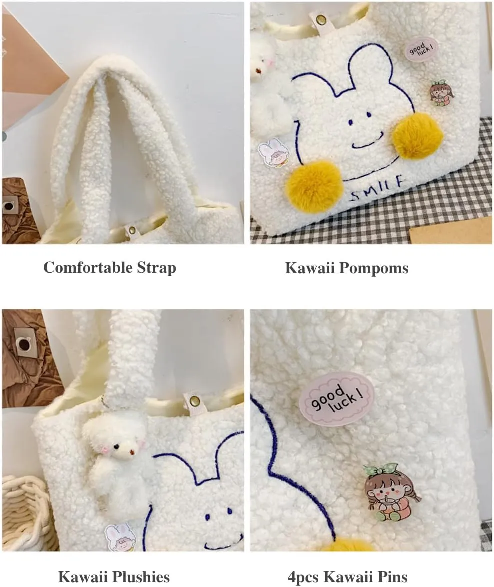 JHTPSLR Kawaii Tote Bag with Accessories Aesthetic Lamb Like Tote Purse Kawaii Shoulder Bag Cute Kawaii Handbag for Women