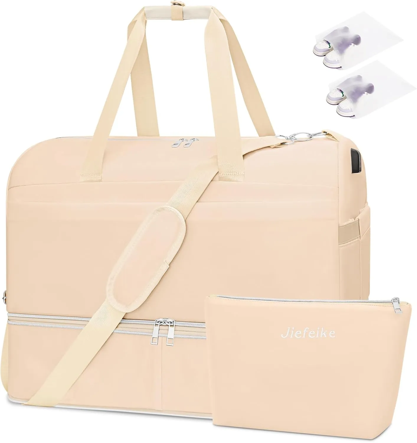Jiefeike Weekender Bags for Women, 60L Large Travel Duffel Bag for Women with 2 Shoe Bags, Carry on Tote Bag with Shoe Compartment, Mom Hospital Bags for Labor and Delivery, Beige