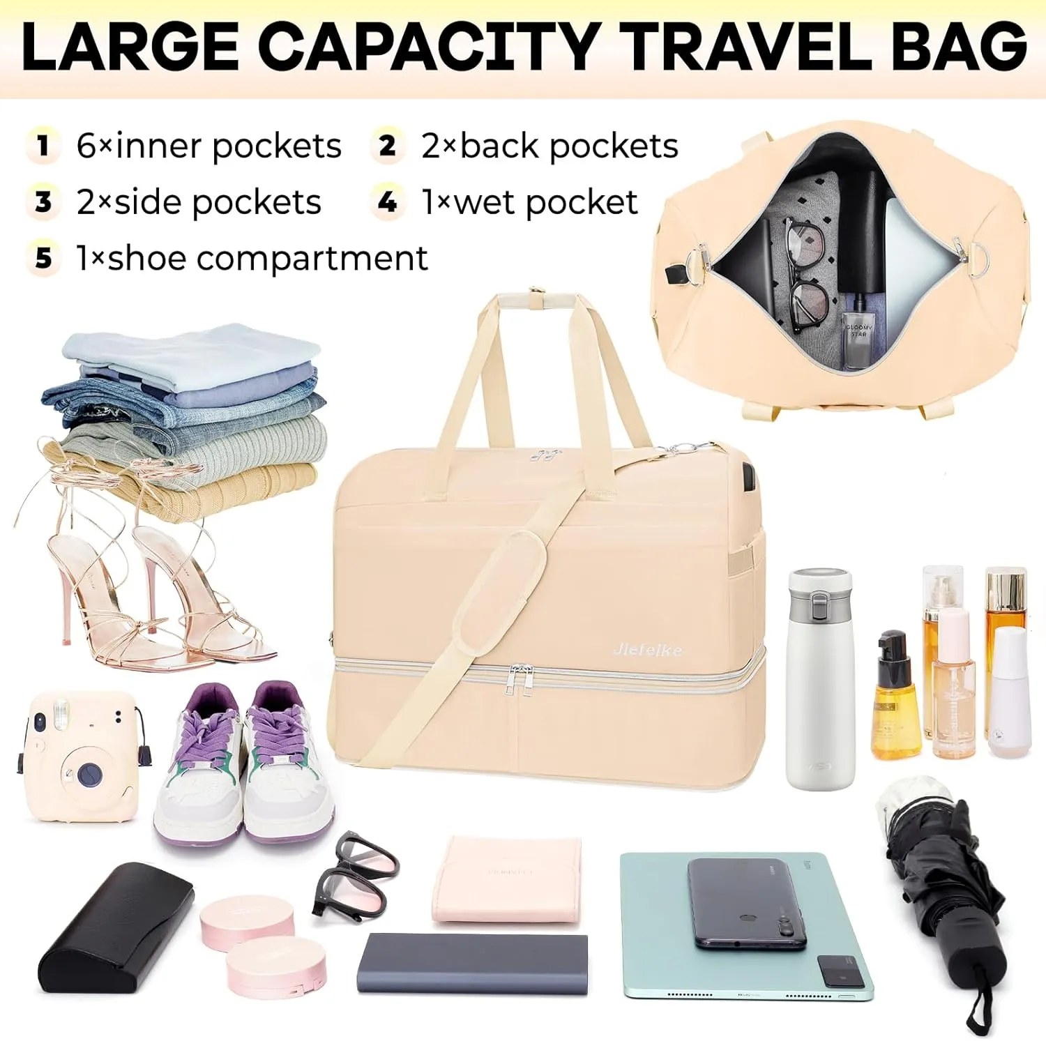 Jiefeike Weekender Bags for Women, 60L Large Travel Duffel Bag for Women with 2 Shoe Bags, Carry on Tote Bag with Shoe Compartment, Mom Hospital Bags for Labor and Delivery, Beige