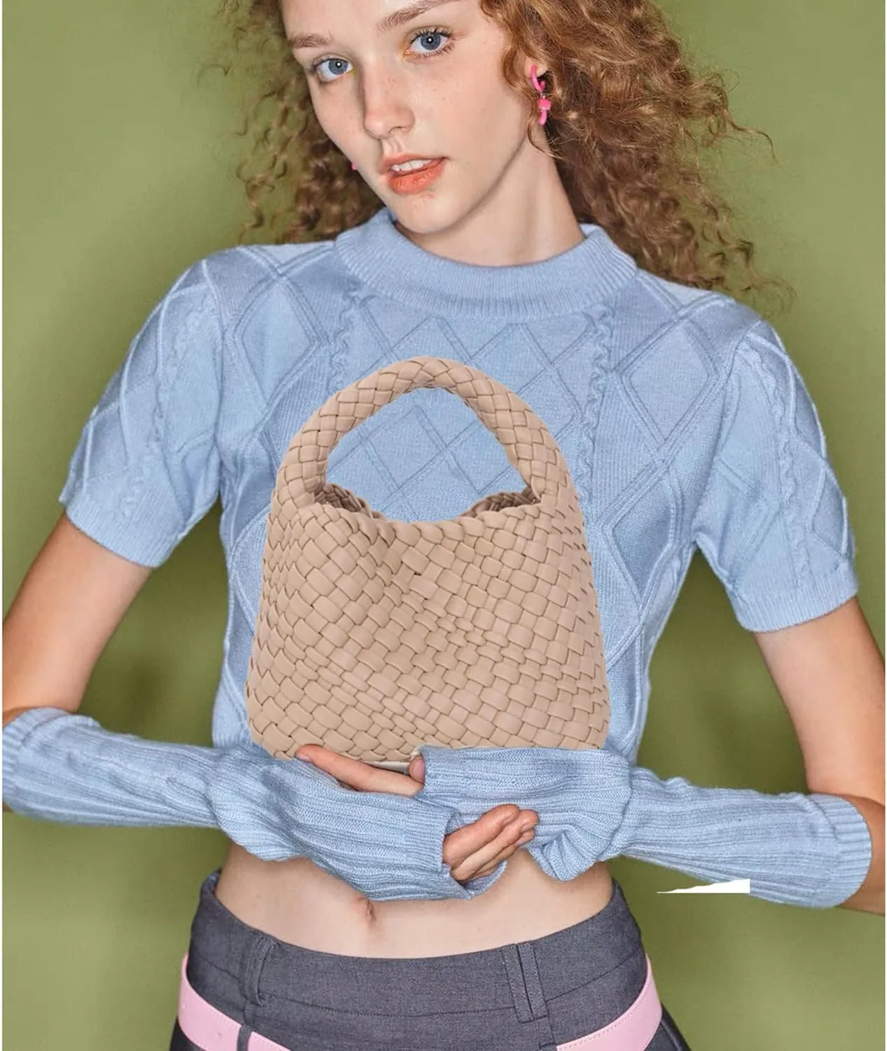 JINMANXUE Fashion Handbag for Women, Woven Tote Bucket Composite Bag, Knitting Chain Crossbody Shoulder Purse