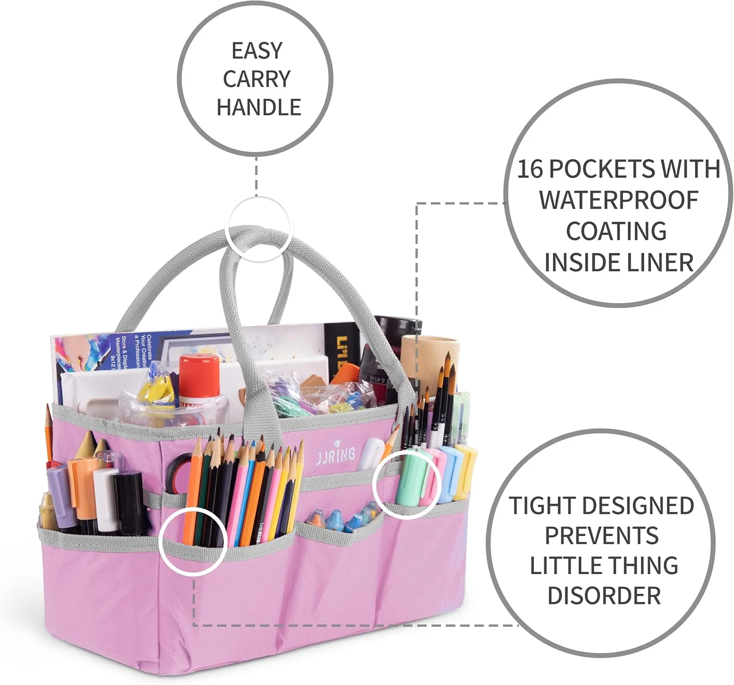 JJRING Craft and Art Tote - 600D Pink Nylon Fabric Art Sewing Organizer Bag with Pockets - for Craft, Scrapbooking, Medical, and Office Supplies Storage