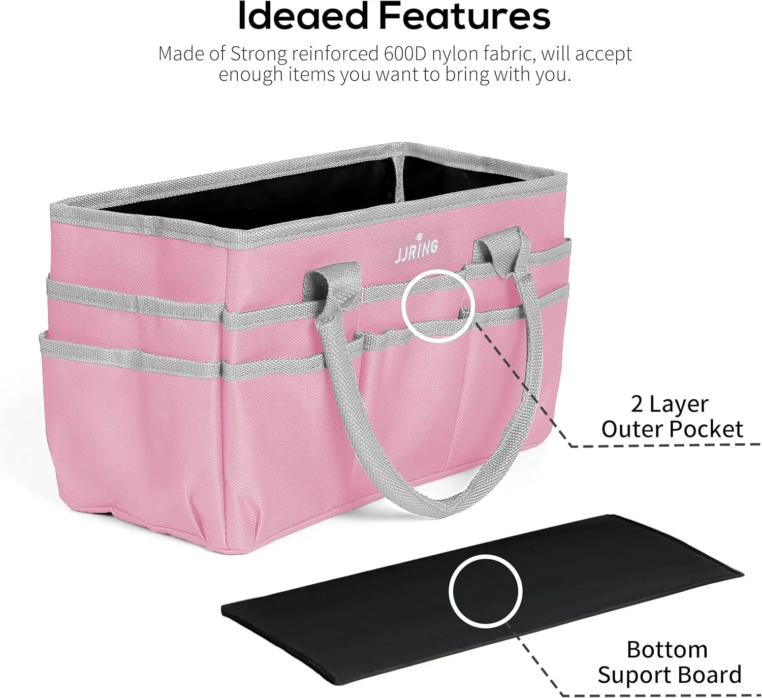 JJRING Craft and Art Tote - 600D Pink Nylon Fabric Art Sewing Organizer Bag with Pockets - for Craft, Scrapbooking, Medical, and Office Supplies Storage