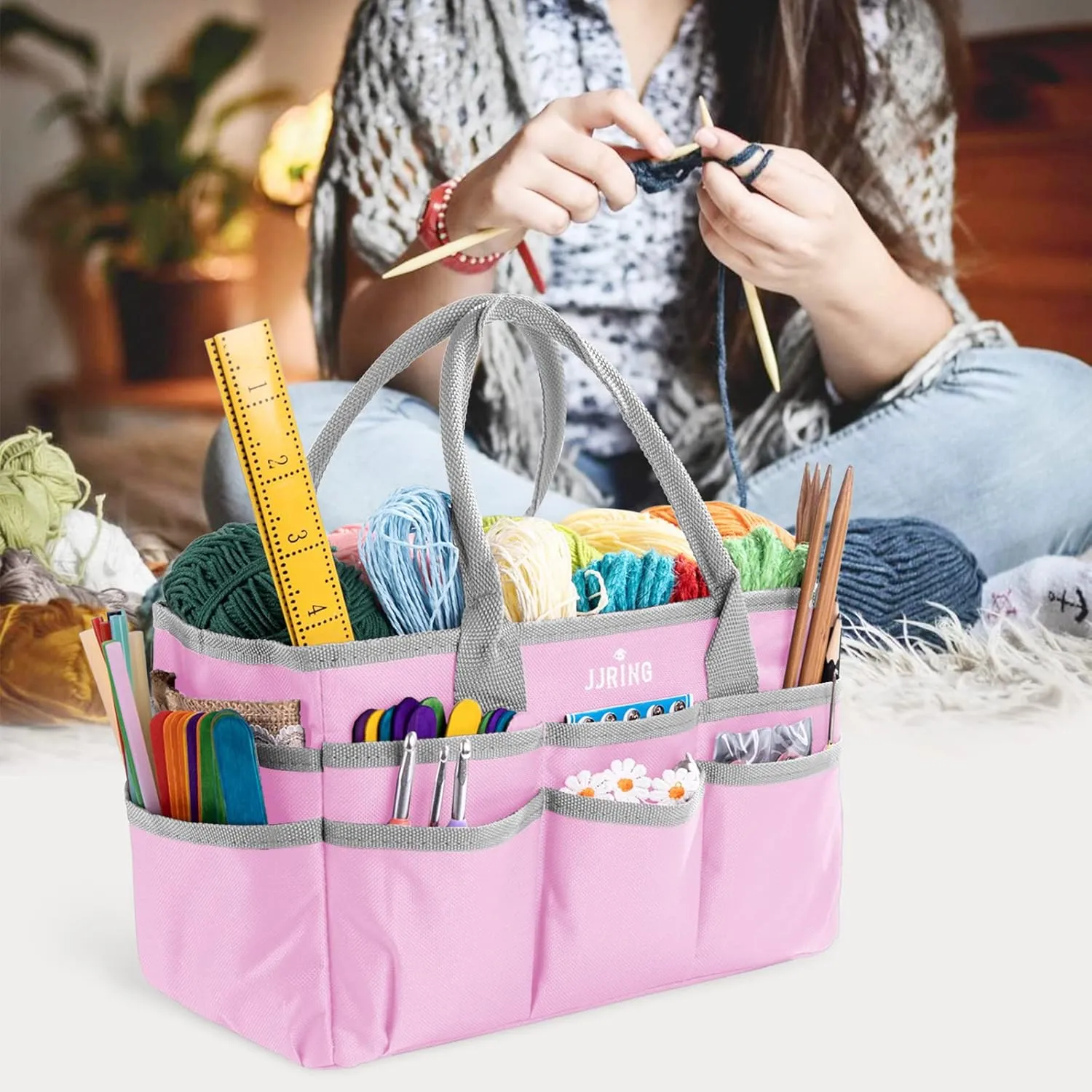 JJRING Craft and Art Tote - 600D Pink Nylon Fabric Art Sewing Organizer Bag with Pockets - for Craft, Scrapbooking, Medical, and Office Supplies Storage