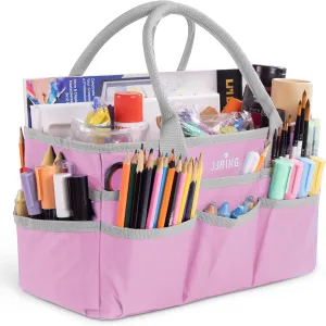 JJRING Craft and Art Tote - 600D Pink Nylon Fabric Art Sewing Organizer Bag with Pockets - for Craft, Scrapbooking, Medical, and Office Supplies Storage