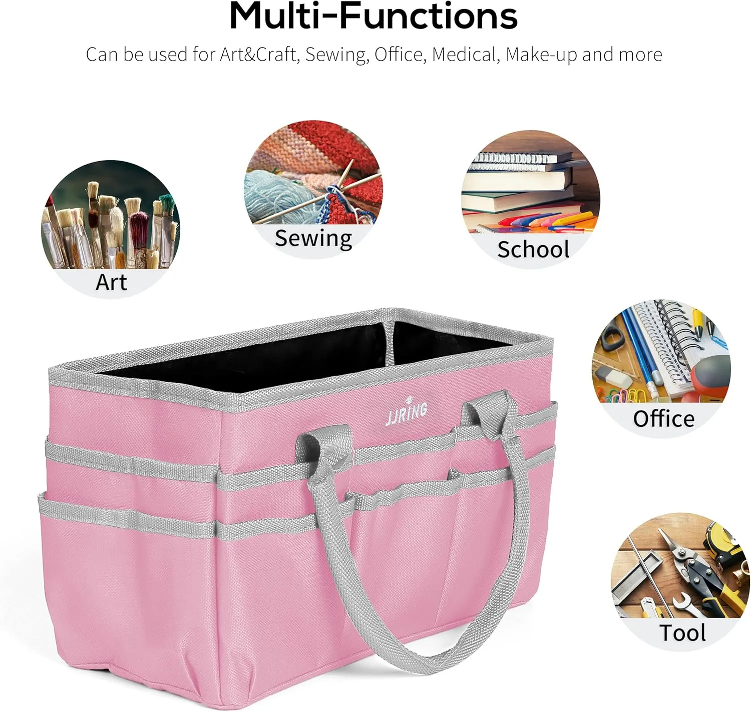 JJRING Craft and Art Tote - 600D Pink Nylon Fabric Art Sewing Organizer Bag with Pockets - for Craft, Scrapbooking, Medical, and Office Supplies Storage