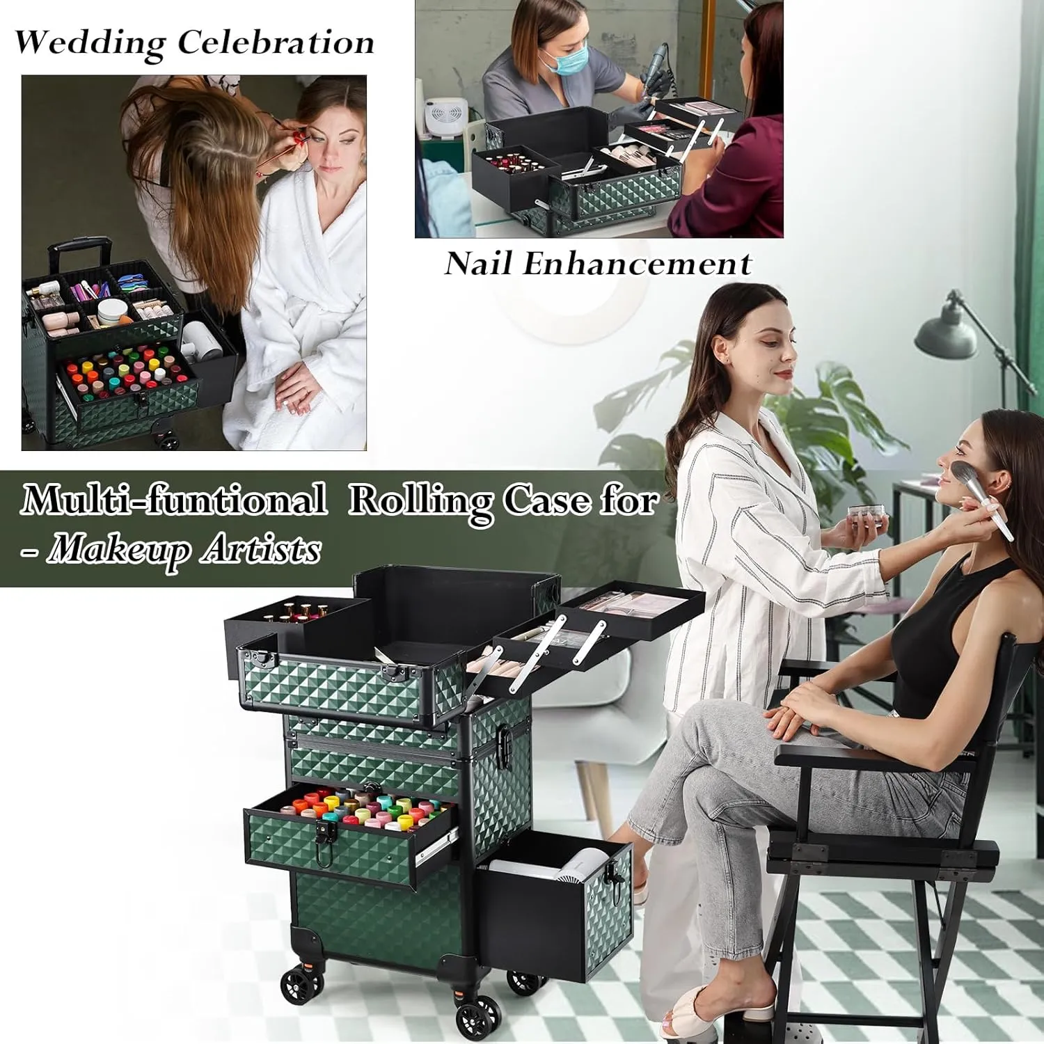 Joligrace Rolling Makeup Case with Wheels & Drawers Large Professional Cosmetology Trolley Case Travel Cosmetic Storage Train Cases for Nail Technicians, Makeup Artist and Hairstylist Dark Green