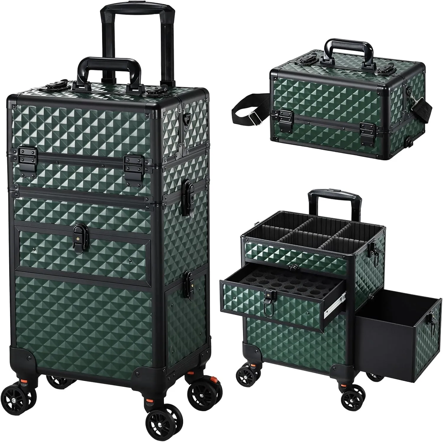 Joligrace Rolling Makeup Case with Wheels & Drawers Large Professional Cosmetology Trolley Case Travel Cosmetic Storage Train Cases for Nail Technicians, Makeup Artist and Hairstylist Dark Green