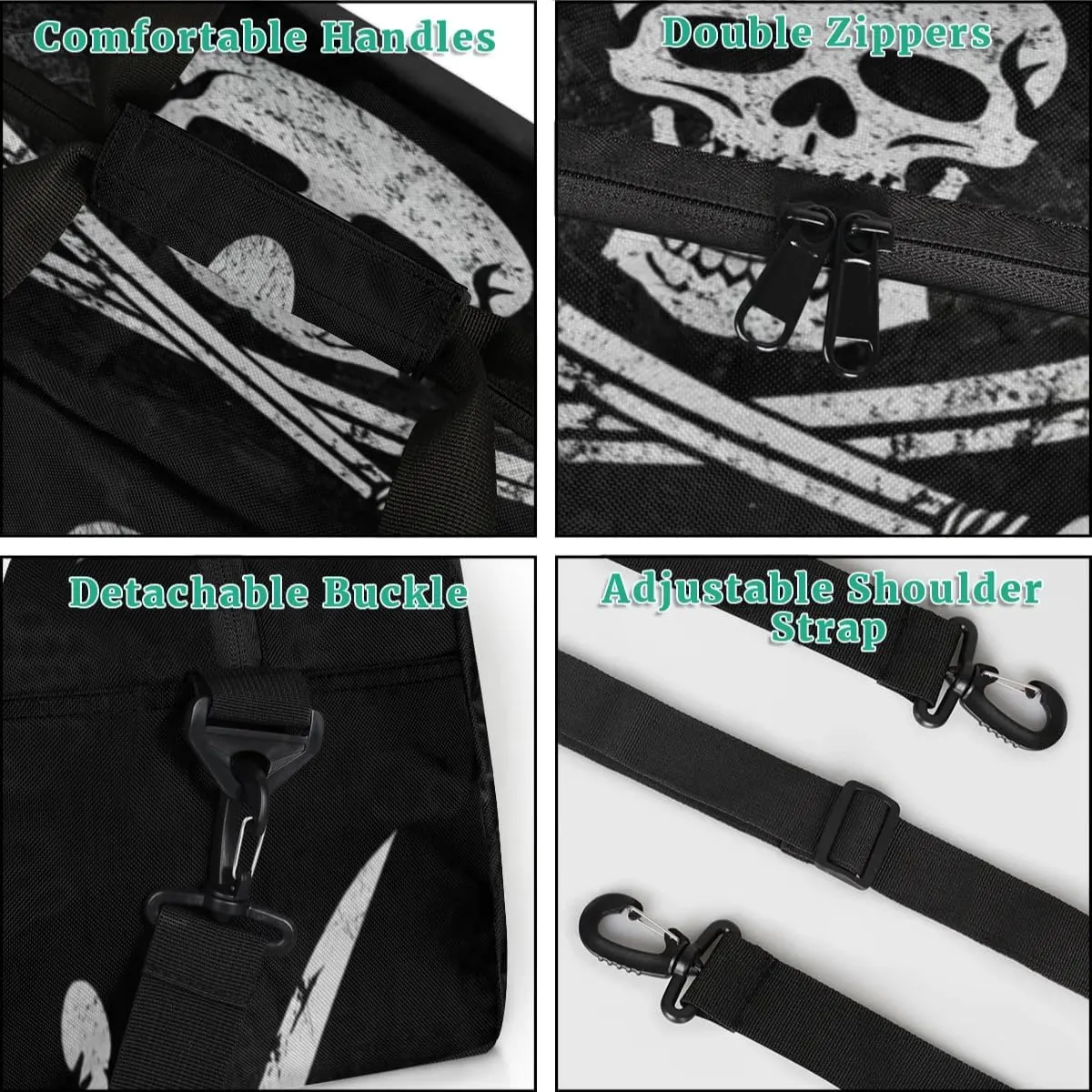 Jolly Roger Pirate Skull Kids Duffle Bags for Boys Girls, Grunge Skeleton Sport Gym Bag Waterproof Travel Overnight Weekender Bag Teen Dance Gymnastics Sleepover Bag