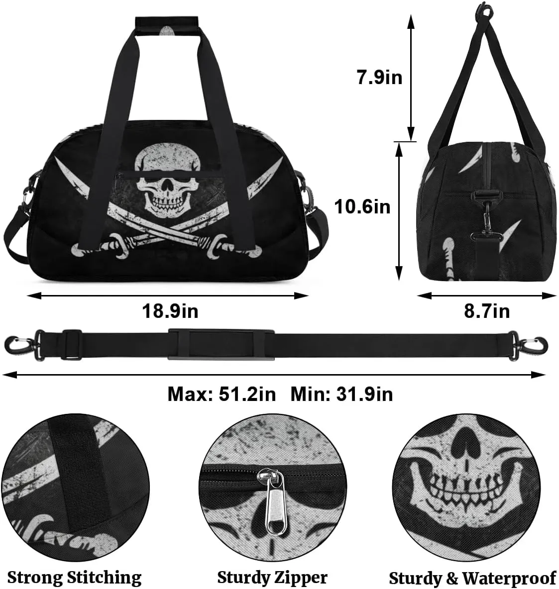 Jolly Roger Pirate Skull Kids Duffle Bags for Boys Girls, Grunge Skeleton Sport Gym Bag Waterproof Travel Overnight Weekender Bag Teen Dance Gymnastics Sleepover Bag