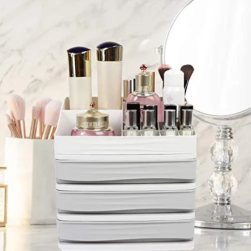 JULY'S SONG Cosmetic Makeup Organizer with Drawers, Plastic Bathroom Skincare Storage Box Brush Lipstick Holder(S-3, Grey)