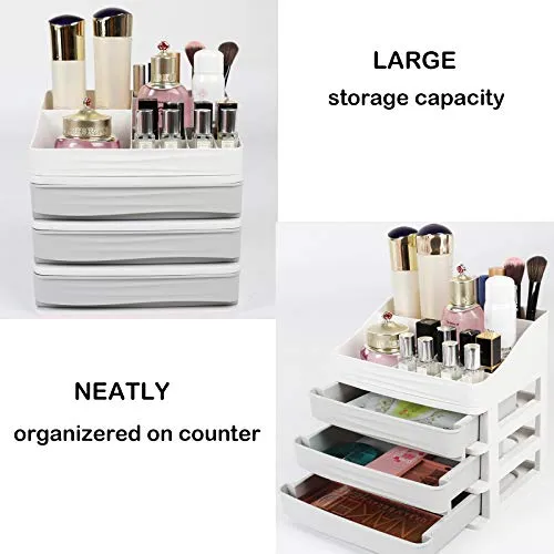 JULY'S SONG Cosmetic Makeup Organizer with Drawers, Plastic Bathroom Skincare Storage Box Brush Lipstick Holder(S-3, Grey)
