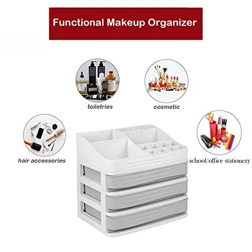 JULY'S SONG Cosmetic Makeup Organizer with Drawers, Plastic Bathroom Skincare Storage Box Brush Lipstick Holder(S-3, Grey)