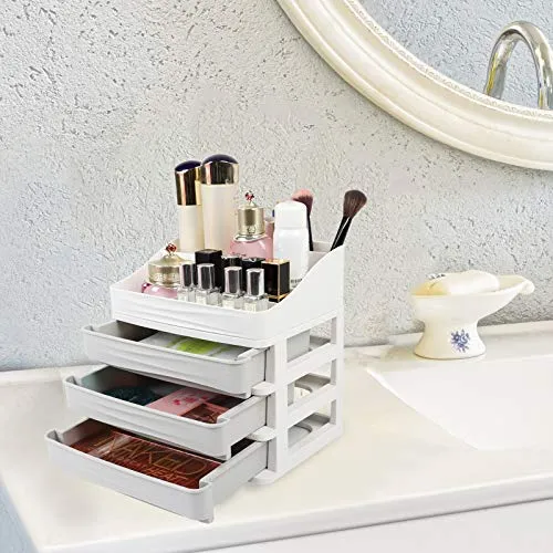 JULY'S SONG Cosmetic Makeup Organizer with Drawers, Plastic Bathroom Skincare Storage Box Brush Lipstick Holder(S-3, Grey)