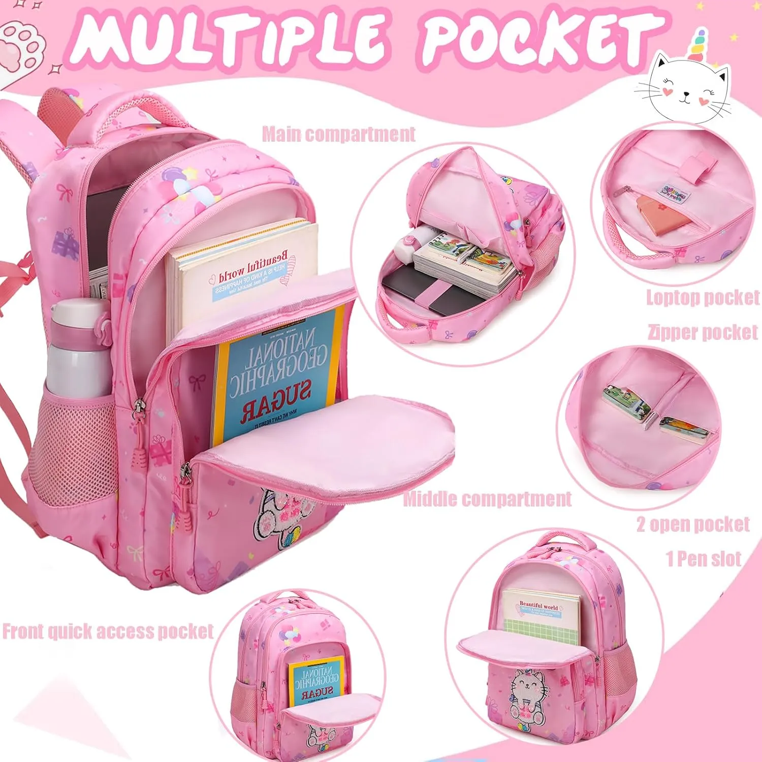 Jumpopack Cat Unicorn Backpack for Girls Kids Elementary School Bag Bookbag Girls Backpack with Lunch Box and Penci Case