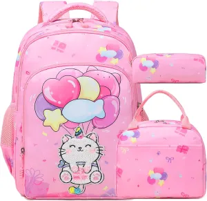 Jumpopack Cat Unicorn Backpack for Girls Kids Elementary School Bag Bookbag Girls Backpack with Lunch Box and Penci Case