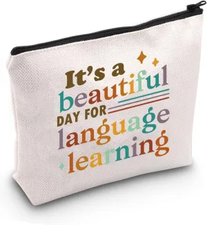 JXGZSO English Teacher It's a Beautiful Day for Language Learning Cosmetic Bag ESL Teacher Gift For Teacher Grammar Teacher English Teacher Gift (Language Learn BAG)