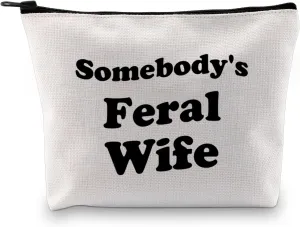 JXGZSO Wedding Anniversary Pouch Somebody's Feral Wife Makeup Bag Honeymoon Gift Best Wifey Cosmetic Travel Bag Feral Wife Gift