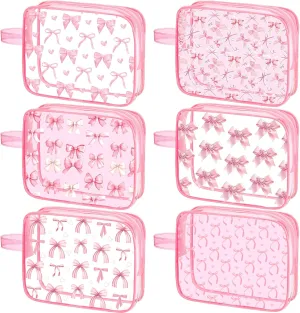 Kacctyen 6 Pcs Coquette Pink Bow Makeup Bags Gifts Accessories for Cosmetic Bags Pink Bow Gift Clear PVC Cheer Case Toiletry Zipper Pouch Waterproof Travel Toiletry Handbag Purses Organizer for Women