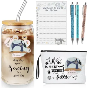 Kacctyen 6 Pcs Sewing Gifts for Women Mother's Day Gifts for Quilters Canvas Makeup Bag 16.9 oz Glass Cup with 100 Sheets Sewing To Do List Notepad and 3 Seamstress Lover Ballpoints Pen