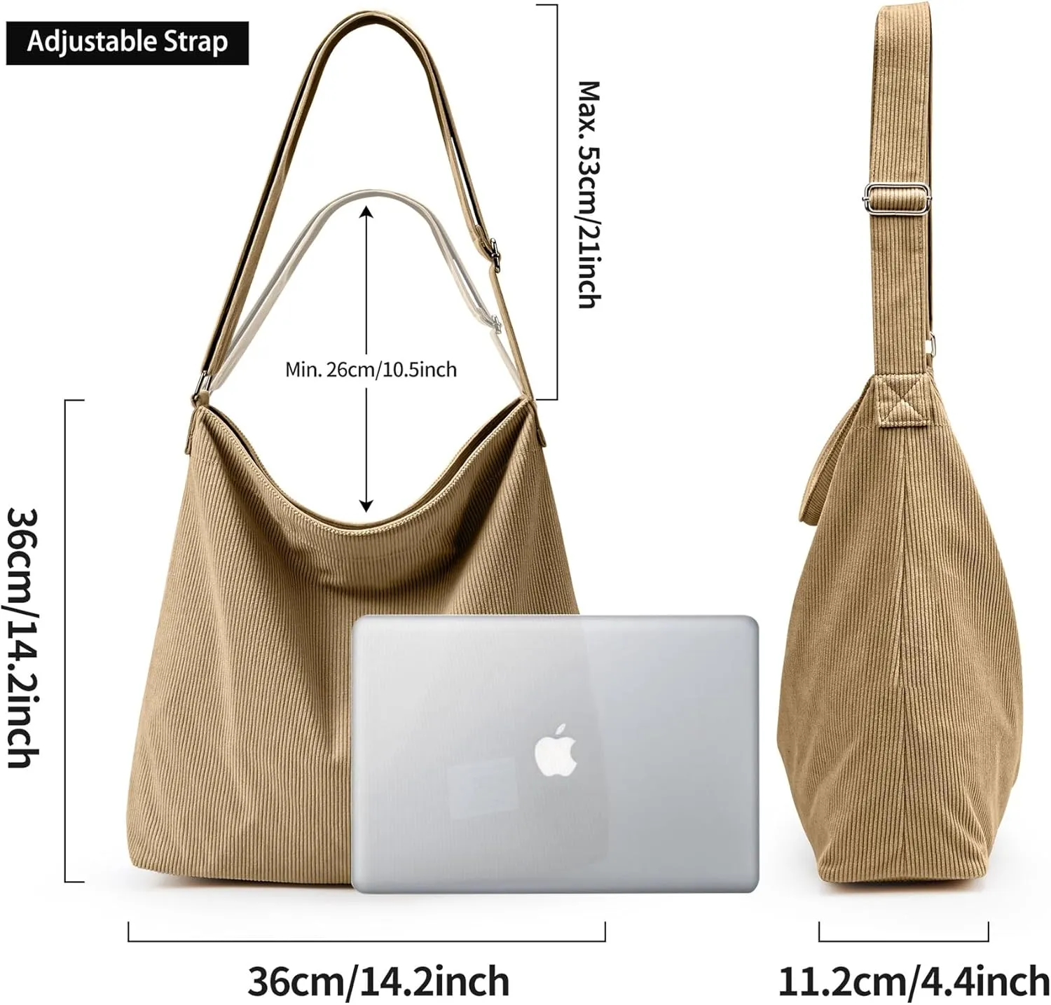 KALIDI Corduroy Tote Bag for Women Casual Zipper Tote Handbag Large Crossbody Hobo Shoulder Bag Work Fashion Women Purse