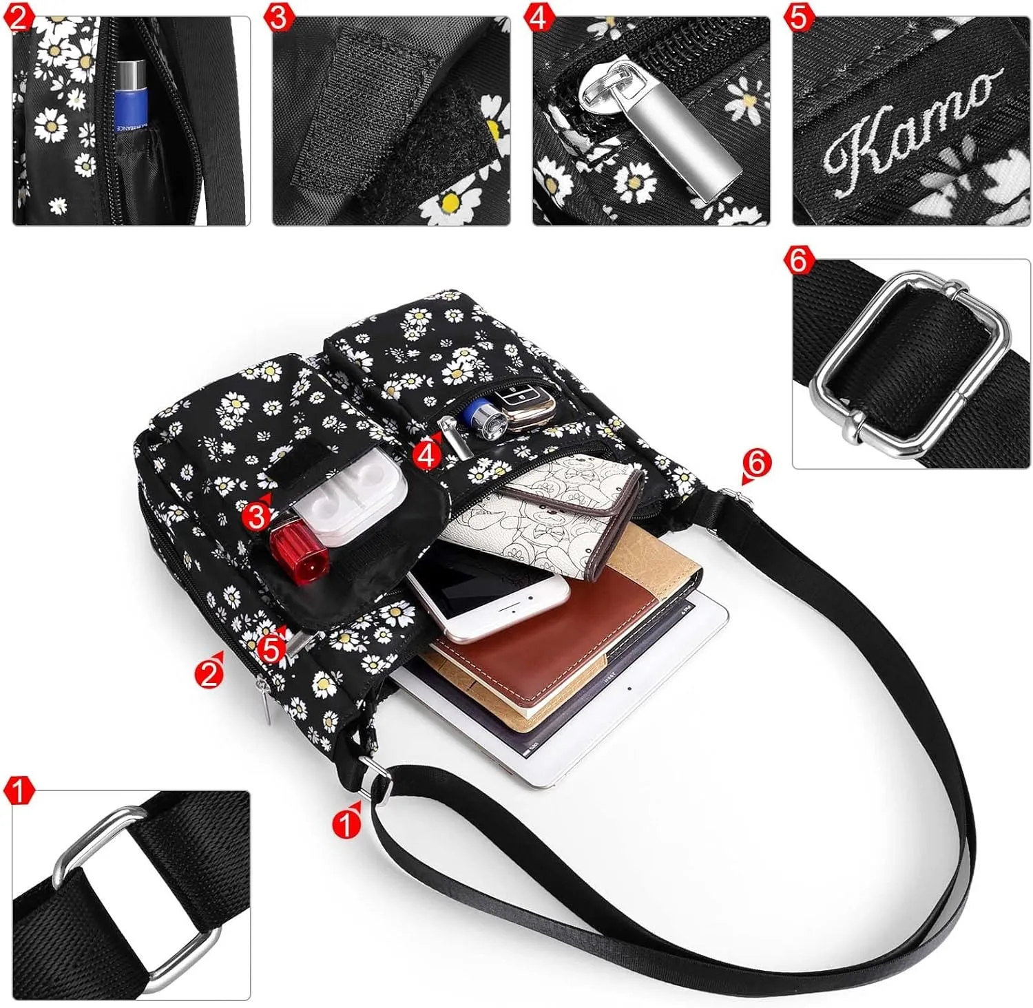 Kamo Crossbody for Women - Multi-pocket Shoulder Lightweight Messenger Casual Printed Purse Handbag Travel Bag