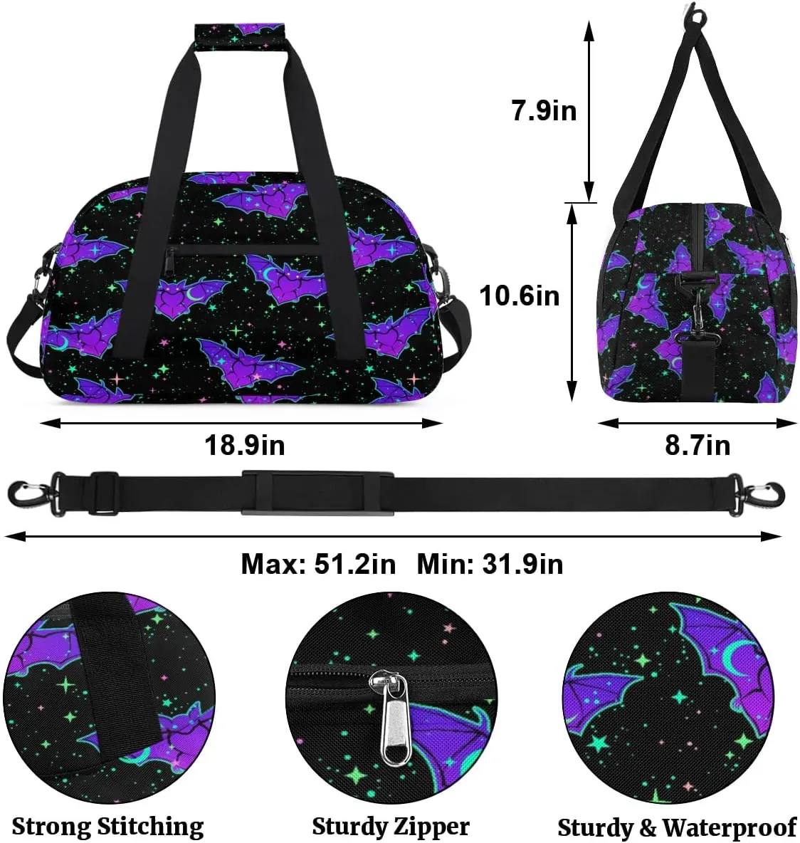 Kids Overnighter Duffel Bags for Boys Girls, Halloween Gothic Bat Carry-On Size Sports Gym Bag for School Practice or Overnight Travel Weekender Sleepover Workout Tote Bag