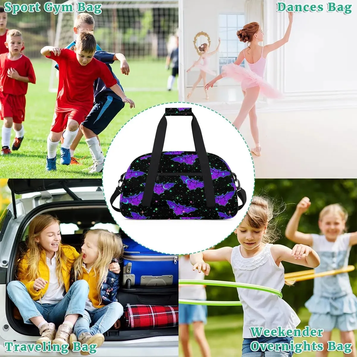Kids Overnighter Duffel Bags for Boys Girls, Halloween Gothic Bat Carry-On Size Sports Gym Bag for School Practice or Overnight Travel Weekender Sleepover Workout Tote Bag