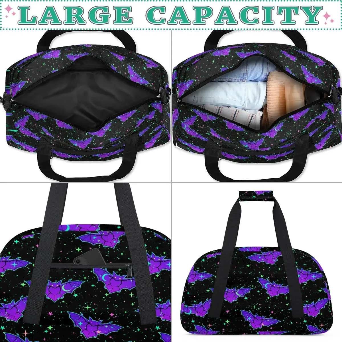Kids Overnighter Duffel Bags for Boys Girls, Halloween Gothic Bat Carry-On Size Sports Gym Bag for School Practice or Overnight Travel Weekender Sleepover Workout Tote Bag