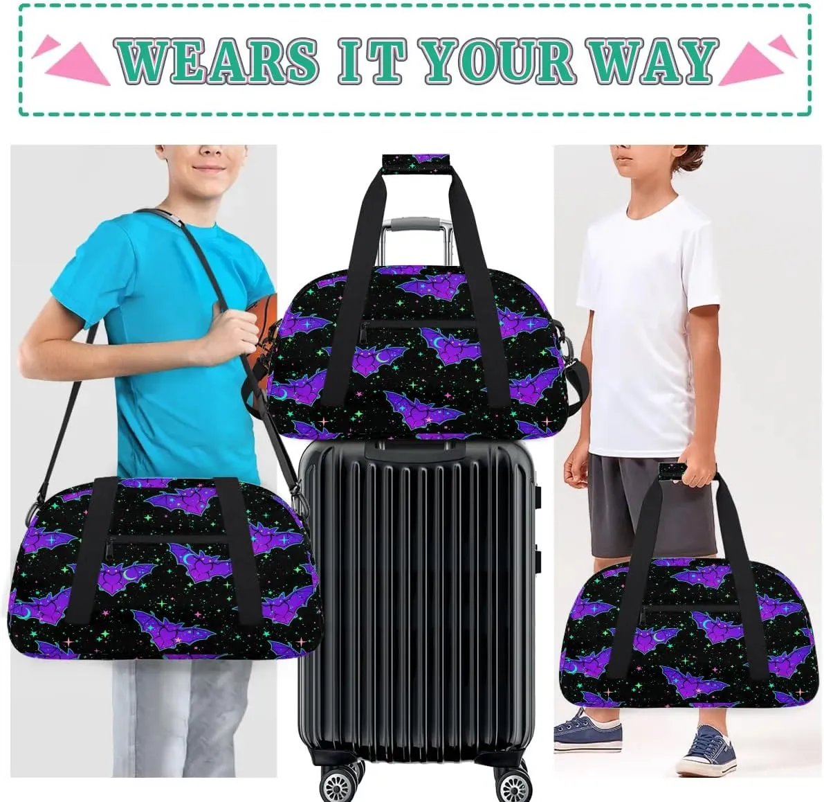 Kids Overnighter Duffel Bags for Boys Girls, Halloween Gothic Bat Carry-On Size Sports Gym Bag for School Practice or Overnight Travel Weekender Sleepover Workout Tote Bag