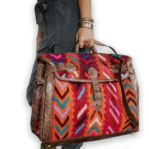 Kilim Carpet Travel Bag - Genuine Leather Duffle Bag | Moroccan Weekender Bag with Adjustable Strap | Unique Bohemian Design, Carry-On Friendly