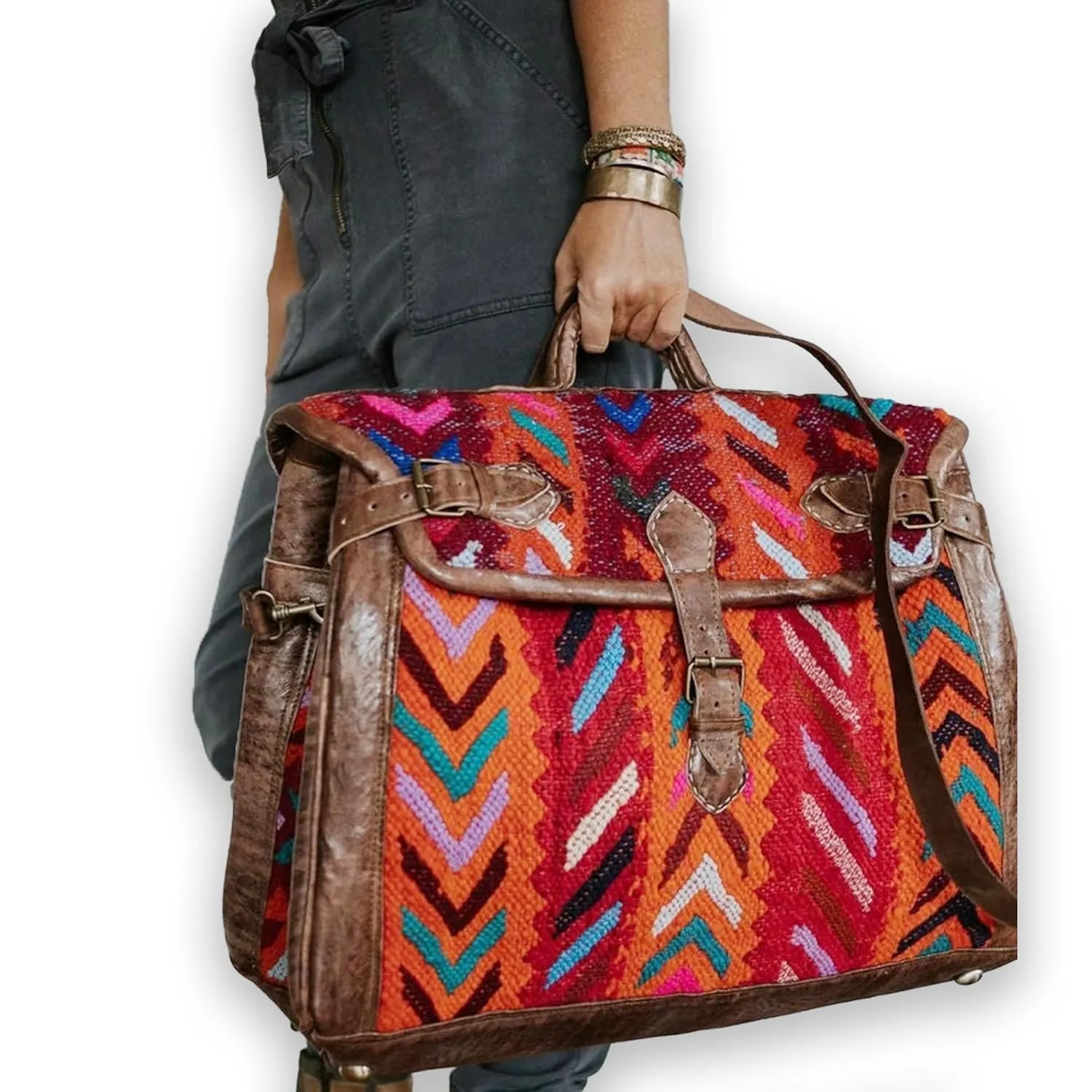 Kilim Carpet Travel Bag - Genuine Leather Duffle Bag | Moroccan Weekender Bag with Adjustable Strap | Unique Bohemian Design, Carry-On Friendly
