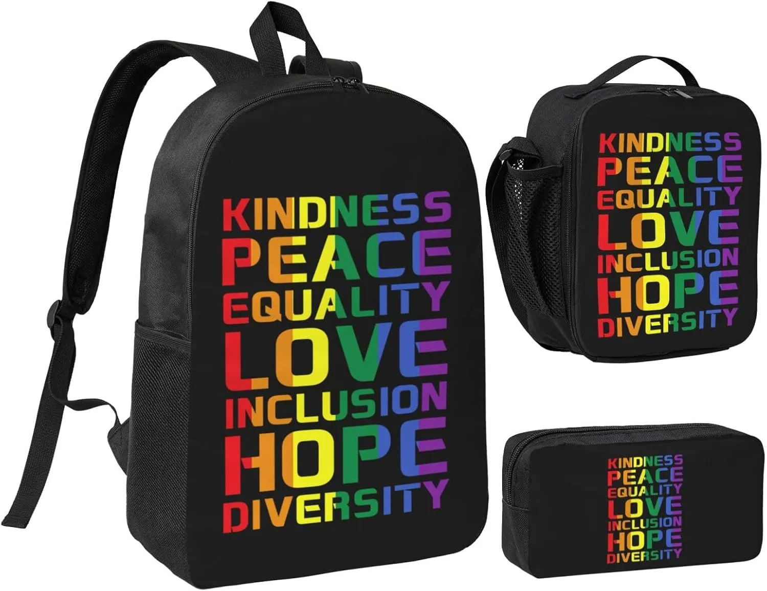 Kindness Equality Love LGBTQ Rainbow Gay Pride Ally Backpack Set Lightweight Laptop Backpack Lunch Bag with Pencil Case for Women Men Travel Work