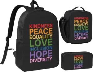 Kindness Peace Equality Love Inclusion Hope Diversity Backpack Set Lightweight Laptop Backpack Lunch Bag with Pencil Case for Women Men Travel Work