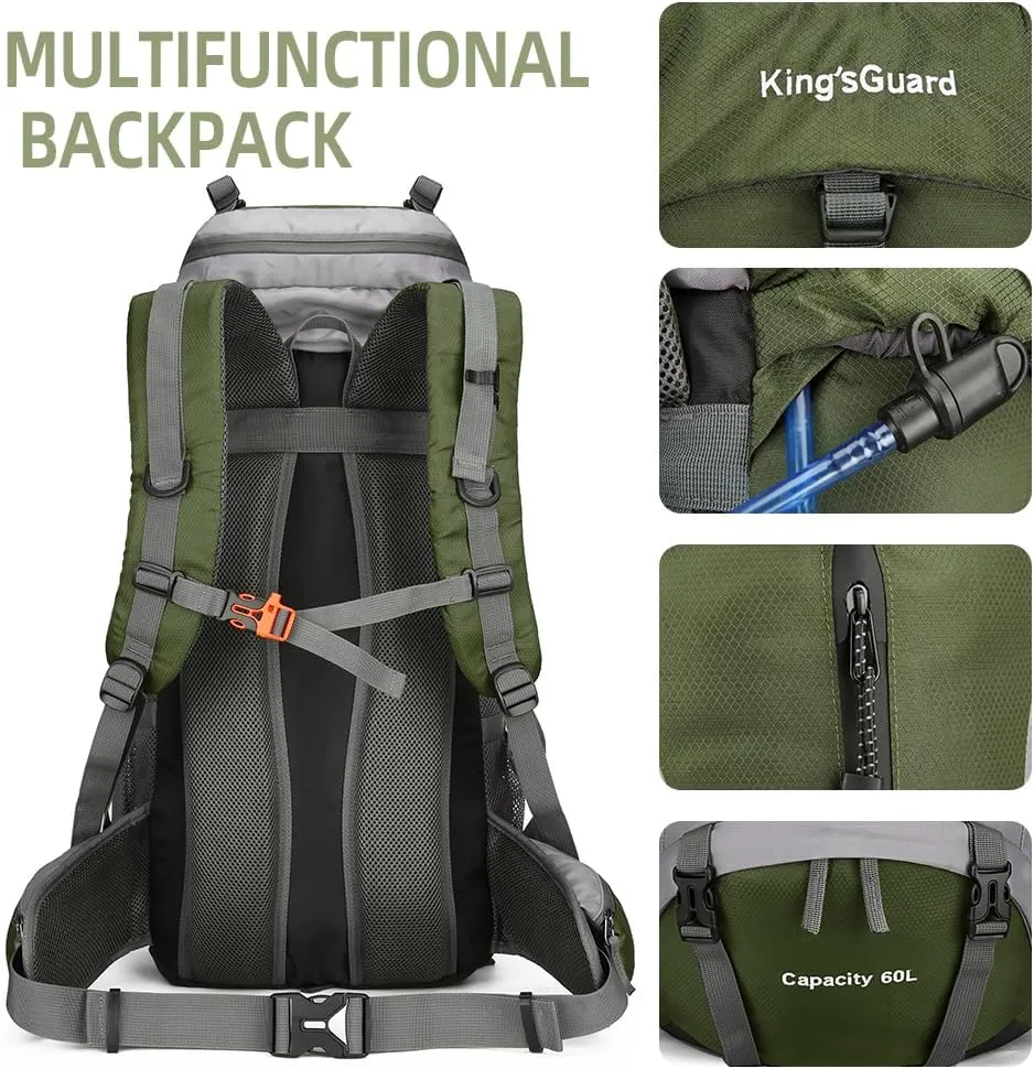 King'sGuard 60L Hiking Backpack Men Women Camping Backpack Waterproof Backpacking Mountaineering Climbing Daypack with Rain Cover (Army Green)