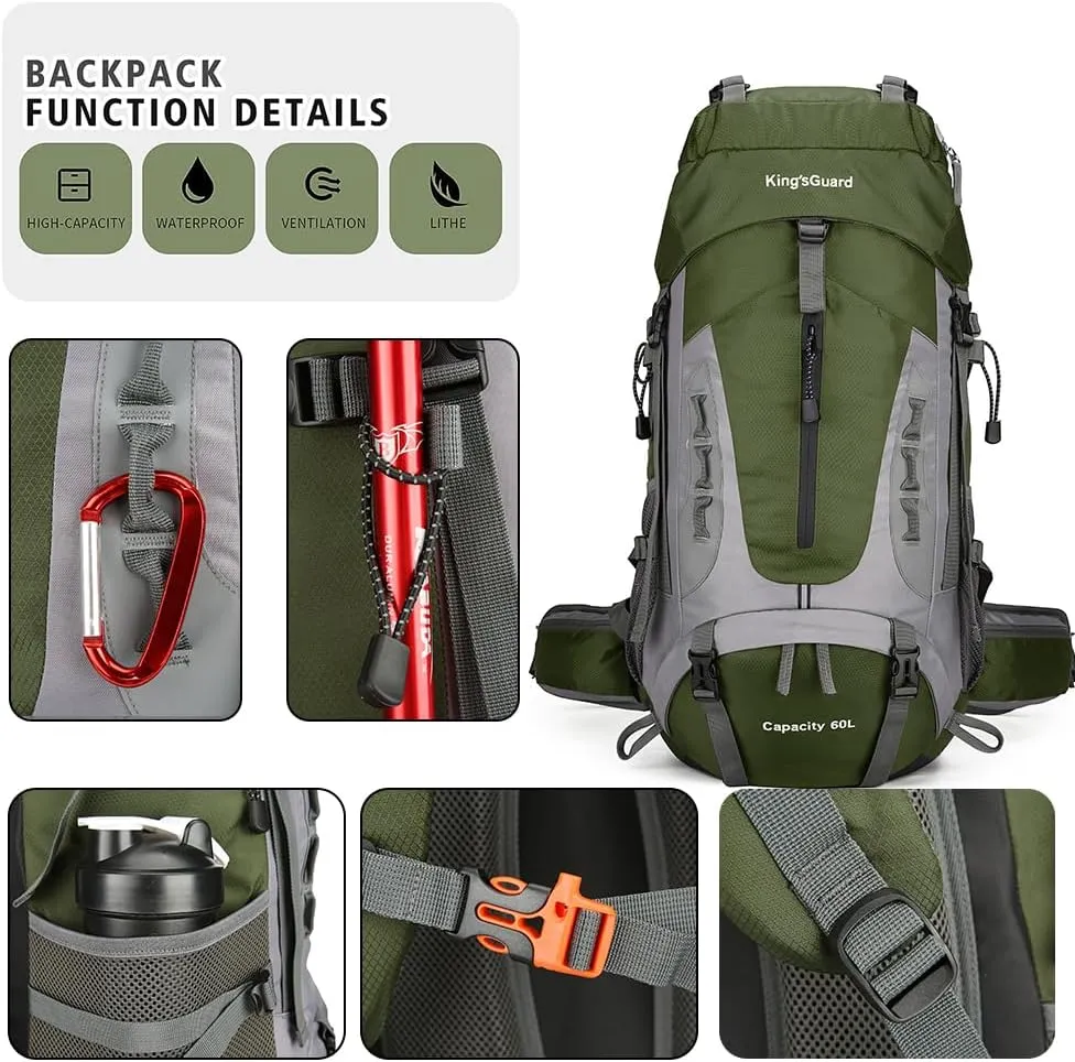 King'sGuard 60L Hiking Backpack Men Women Camping Backpack Waterproof Backpacking Mountaineering Climbing Daypack with Rain Cover (Army Green)